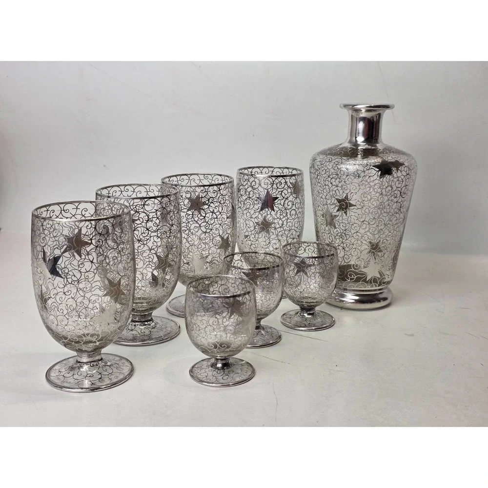 Vintage Saint Graal Silver Overlay Crystal Decanter & Glasses Cosmic Star France
